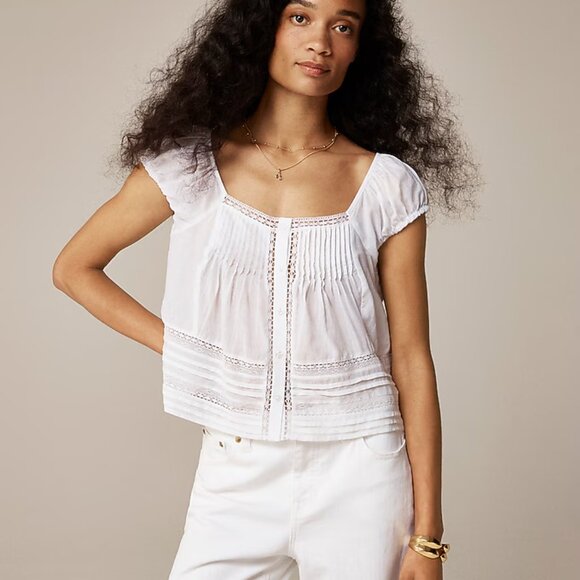 J. Crew Tops - J. Crew Women's Cap-sleeve lace-trim top in cotton voile Medium White